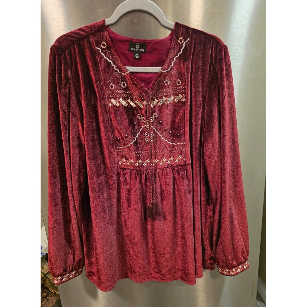 Curations Women XL Blouse Burgundy Velvet Embroidered Sequin Tassel Top 621486